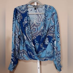 Karen Kane Women's (Size XL) Blue Paisley Print Faux Wrap Viscose Top (NWT)